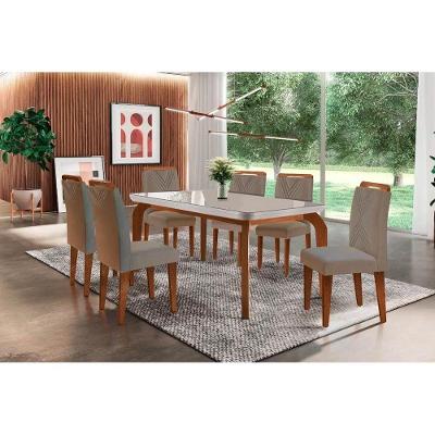 Sala De Jantar Completa Londrina Tampo Madeirado C- Vidro Curvo 180x90 E 6 Cadeiras Amsterdã Imbuia - Veludo Capuccino - Rufato