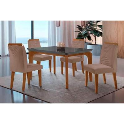 Sala De Jantar Completa Londrina Tampo Madeirado C- Vidro Curvo 120x80 E 4 Cadeiras Amsterdã Imbuia - Veludo Capuccino - Rufato