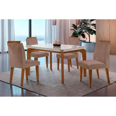Sala De Jantar Completa Londrina Tampo Madeirado C- Vidro Curvo 120x80 E 4 Cadeiras Amsterdã Imbuia - Veludo Capuccino - Rufato