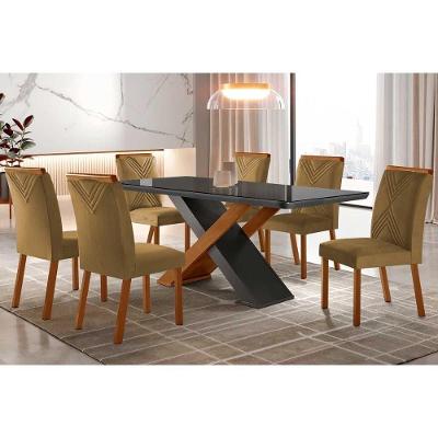Sala De Jantar Completa Imperatriz Tampo Madeirado C- Vidro Curvo 180x90 E 6 Cadeiras Amsterdã Imbuia-veludo Capuccino - Rufato