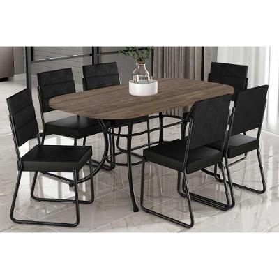 Sala De Jantar Completa 1547 Aço C- Tampo Madeirado 160x90cm E 6 Cadeiras 1736 Preto-legno-courano Preto - Carraro
