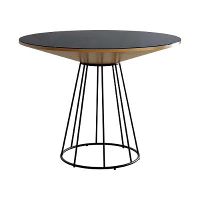 Mesa De Jantar Emma Cone Chanfrada Redonda Nozes Base Preta 1.20 Cm Vidro Preto