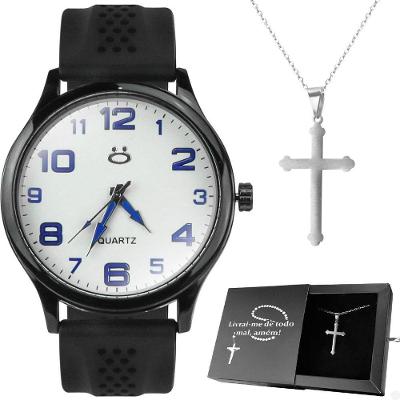 Relogio Masculino Aco Preto + Cordao Crucifixo Robusto Preto