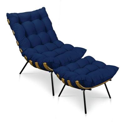 Kit 01 Poltrona e 01 Puff Costela Base Metal Azul