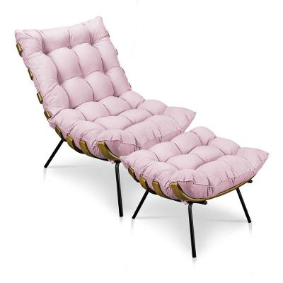 Kit Poltrona e Puff Costela Suede Base Metal Rosa Bebê