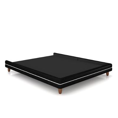 Cama Avulsa Para Colchão Casal Torres Pés Em Madeira Pu Preto G91 - Gran Belo