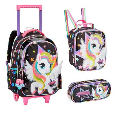 Kit Mochila De Rodinhas + Lancheira + Estojo Duplo Estrela Unicórnio Denlex