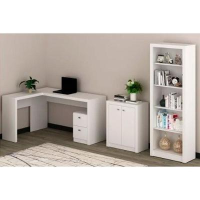 Escritório Completo 1 Mesa De Canto Para Escritório Me4129 + 1 Balcão Me4103 + 1 Estante Me4104 3 Peças Branco Tecno Mobili