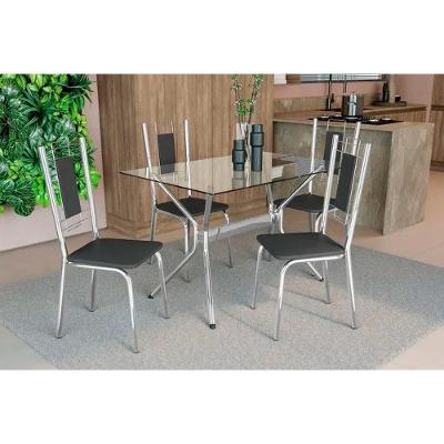 Conjunto Mesa Sala Jantar Loire Com Tampo De Vidro 120x80cm E 4 Cadeiras Florença Cromada Preto Kappesberg