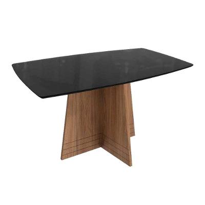 Mesa Para Cozinha Lótus Com Tampo Madeirado Com Vidro 90x170cm Nogueira Preto Fosco Vidro Preto Kappesberg