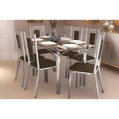 Sala De Jantar Elba Com Tampo De Vidro 80x150cm E 6 Cadeiras Florença Cromada Courano Marrom