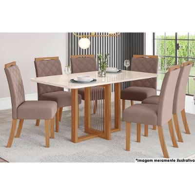 Sala De Jantar Natali Com Tampo Madeirado Com Vidro Curvo 160x90cm E 6 Cadeiras Bella Nature Marrom Amêndoa