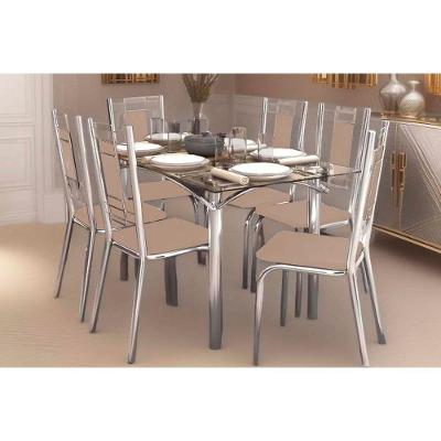 Sala De Jantar Elba Com Tampo De Vidro 80x150cm E 6 Cadeiras Florença Cromada Courano Bege
