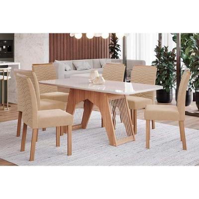 Sala De Jantar Carol Tampo Madeirado Com Vidro 180x90cm E 6 Cadeiras Clarice Nature Madeirado Linho Bege Cimol