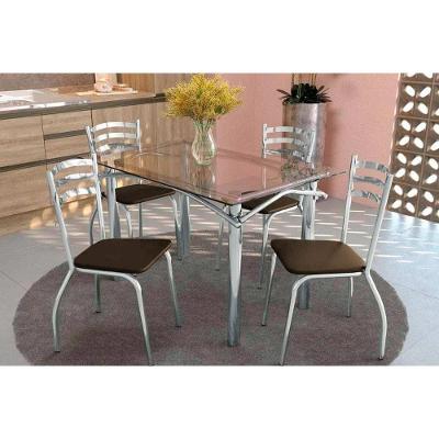 Sala De Jantar Elba Com Tampo De Vidro 120cm E 4 Cadeiras Portugal Cromada Courano Marrom