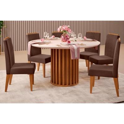 Sala De Jantar Viena Tampo Madeirado Com Vidro 136cm E 6 Cadeiras Lia Freijo Off White Suede Moca