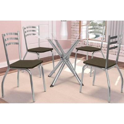 Sala De Jantar Volga Com Tampo De Vidro 95cm E 4 Cadeiras Portugal Cromada Marrom