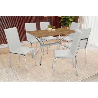 Conjunto Mesa Sala Jantar Loire Com Tampo De Madeira 160cm E 6 Cadeiras Amsterdã Cromada Branco 106 Kappesberg