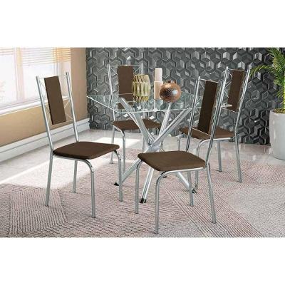 Sala De Jantar Volga Com Tampo De Vidro 90cm E 4 Cadeiras Lisboa Cromada Courano Marrom