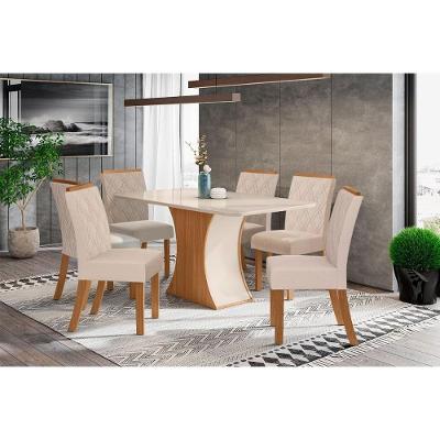 Conjunto Mesa Sala Jantar Luiza Com Tampo De Vidro 160x90cm E 6 Cadeiras Vita Nature Off White Linho Bege Henn