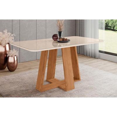 Mesa Para Cozinha Lins Sc92 Com Tampo Madeirado Com Vidro Curvo 160x90cm Nature Off White Henn