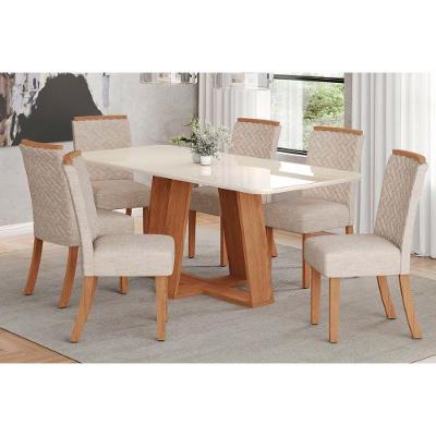 Conjunto Mesa Sala Jantar Lins Com Tampo Madeirado Com Vidro Curvo 200x90cm E 6 Cadeiras Malu Nature Linho Henn