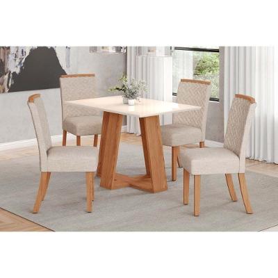 Conjunto Mesa Sala Jantar Lins Com Tampo Reto Madeirado 120x80cm E 4 Cadeiras Malu Nature Linho Henn