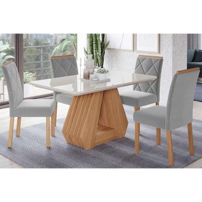 Conjunto Mesa Sala Jantar ágata Tampo Madeirado Com Vidro 130x80cm E 4 Cadeiras Fernanda Madeirado Linho Grafite Cimol