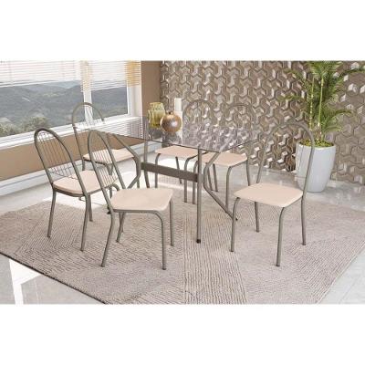 Conjunto Mesa De Cozinha Loire Com Tampo De Vidro 80x120cm E 6 Cadeiras Noruega Niquel Nude Kappesberg