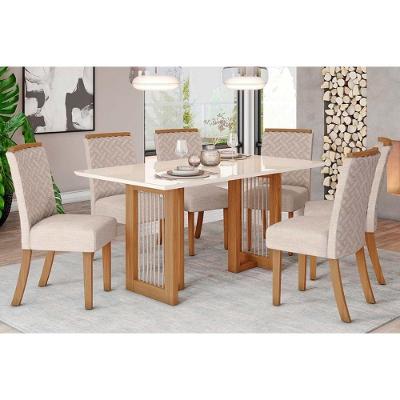 Conjunto Mesa Sala Jantar Yara Com Tampo Madeirado Com Vidro Reto 160x90cm E 6 Cadeiras Malu Nature Linho Henn