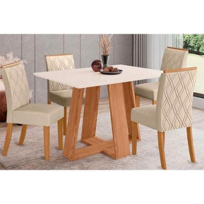 Conjunto Mesa Sala Jantar Lins Com Tampo Madeirado 120x80cm E 4 Cadeiras Vita Nature Off White Linho Bege Henn