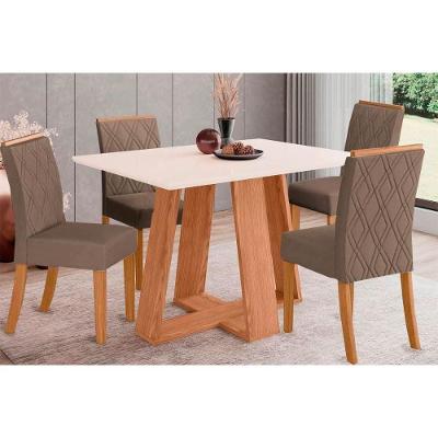 Conjunto Mesa Sala Jantar Lins Com Tampo Madeirado 120x80cm E 4 Cadeiras Vita Nature Off White Suede Marrom Henn