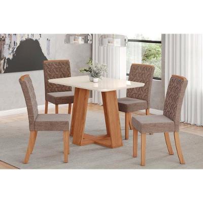 Conjunto Mesa Sala Jantar Lins Com Tampo Madeirado Com Vidro Curvo 120x80cm E 4 Cadeiras Esther Nature Linho Cacao Henn