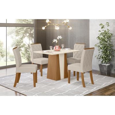 Conjunto Mesa Sala Jantar Orus Com Tampo Madeirado 120x80cm E 4 Cadeiras Vita Nature Off White Linho Bege Henn