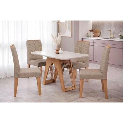 Conjunto Mesa Sala Jantar Carol Tampo Madeirado Com Vidro 130x80cm E 4 Cadeiras Clarice Madeirado Linho Bege Cimol