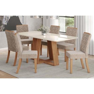 Conjunto Mesa Sala Jantar Lins Com Tampo Madeirado Com Vidro Curvo 200x90cm E 6 Cadeiras Esther Nature Linho Creme Henn