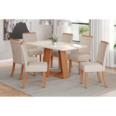 Conjunto Mesa Sala Jantar Lins Com Tampo Madeirado Com Vidro Curvo 160x90cm E 6 Cadeiras Malu Nature Linho Henn