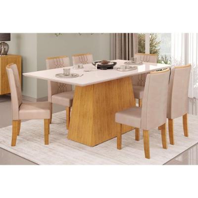 Mesa Para Cozinha Dulce Tampo Madeirado Com Vidro Reto 180x90cm E 6 Cadeiras Zoe Cedro Off White Suede Creme Dj Móveis