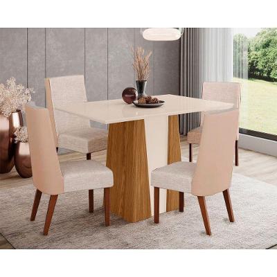 Conjunto Mesa De Cozinha Orus Tampo Madeirado Com Vidro 120x80cm E 4 Cadeiras Anne Nature Courano Creme Henn