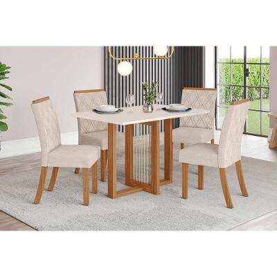 Conjunto Mesa De Cozinha Natalí Com Tampo Madeirado 120x80cm E 4 Cadeiras Vita Nature Off White Linho Bege Henn