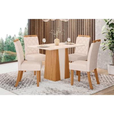 Conjunto Mesa De Cozinha Orus Com Tampo Madeirado 120x80cm E 4 Cadeiras Bella Nature Off White Linho Bege Henn