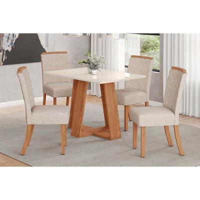 Conjunto Mesa De Cozinha Lins Com Tampo Reto Madeirado Com Vidro 120x80cm E 4 Cadeiras Malu Nature Linho Henn