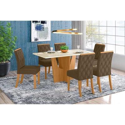 Conjunto Mesa De Cozinha Vértice Tampo Madeirado Com Vidro 160x80cm E 6 Cadeiras Vita Nature Suede Light Bege Henn