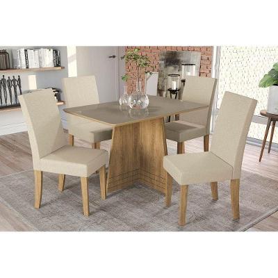 Conjunto Mesa De Cozinha Lótus Tampo Madeirado Com Vidro 120x80cm E 4 Cadeiras Cad131 Freijó Bronze-bege Kappesberg