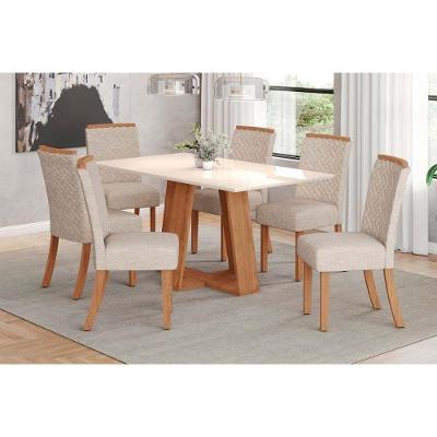 Conjunto Mesa De Cozinha Lins Com Tampo Madeirado Reto 160x90cm E 6 Cadeiras Malu Nature Linho Henn