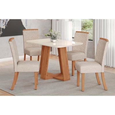 Conjunto Mesa De Cozinha Lins Com Tampo Madeirado Com Vidro Curvo 120x80cm E 4 Cadeiras Malu Nature Linho Henn