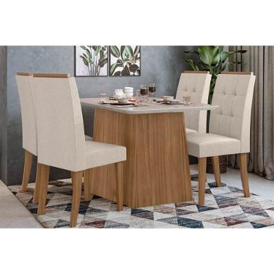 Conjunto Mesa Sala Jantar Nevada Tampo Madeirado 130cm E 4 Cadeiras Celebrare Amendoa Off White Suede Creme Lopas