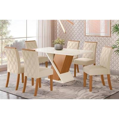 Conjunto Mesa De Cozinha Solus Tampo Madeirado Com Vidro Canto Reto 160x90cm E 6 Cadeiras Vita Nature Linho Henn
