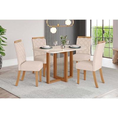 Conjunto Mesa De Cozinha Natalí Com Tampo Madeirado Com Vidro Curvo 120x80cm E 4 Cadeiras Bella Nature Linho Henn