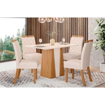 Conjunto Mesa De Cozinha Orus Tampo Madeirado Com Vidro 120x80cm E 4 Cadeiras Bella Nature Linho Henn